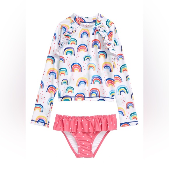 Tucker & Tate | Girls Long Sleeve Rainbow Rashguard & Polka Dot Bikini Bottoms - Picture 2 of 4